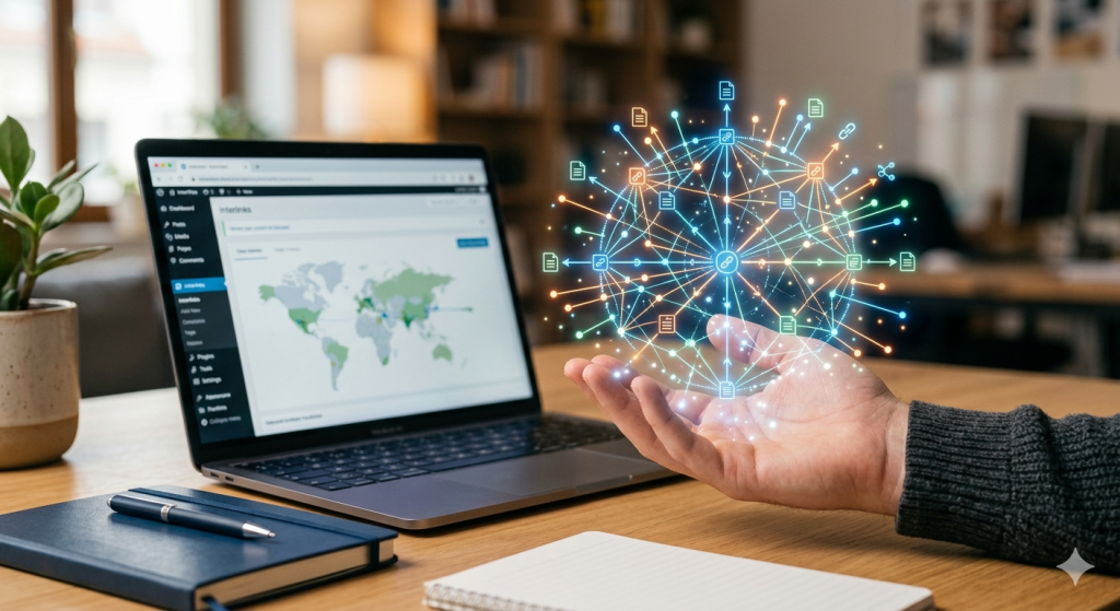 A person’s hand holding a glowing, 3D holographic digital web icon structure displaying link connections, documents, and data nodes. An open laptop showing a WordPress website dashboard with a global traffic map sits on a wooden desk alongside notebooks and a pen in a modern workspace.