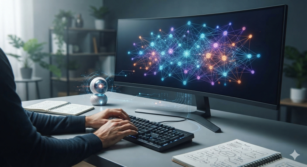 A blogger working at a desk on a widescreen monitor displaying a colorful, interconnected neural network and data cluster visualization representing AI SEO tools. A small futuristic AI assistant device sits next to the keyboard, and handwritten content strategy sketches are visible on notebooks.